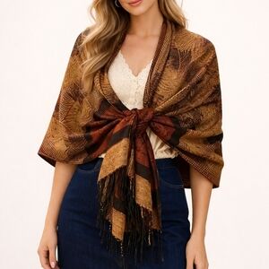 Vtg FC Navy Blue Rust Gold Leaf Pattern Fringe Shawl